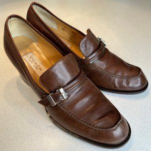 Coach New York Heeled Loafer Slip-on Logo Buckle Leather Brown Women’s Size 10AA